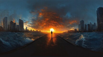 Silhouette of a person walking on a narrow path between turbulent waters with city skylines on both sides under a dramatic fiery sunset sky