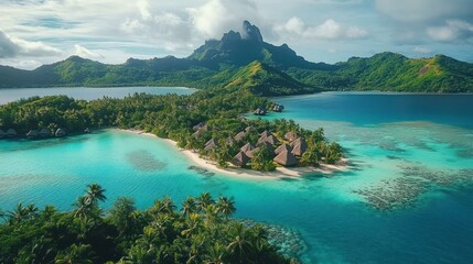 Fototapeta premium Aerial view of a tropical island with lush greenery, thatched-roof huts, surrounded by clear turquoise waters and mountain peaks under a cloudy sky