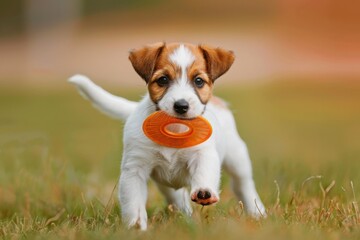 a small white and brown dog holding a frisbee in it's mouth