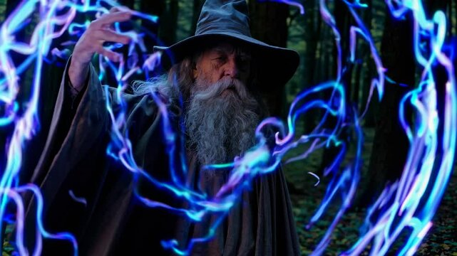 Elderly wizard casting glowing blue magic in enchanted forest &mdash; perfect for fantasy book covers, RPG assets, or magic-themed content.