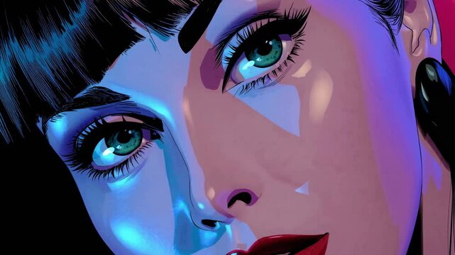 Stylized pop-art close-up of a woman&rsquo;s eyes with neon lighting, ideal for editorial or retro digital art.