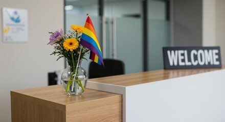 A Warm Welcome at an Inclusive Reception Area Featuring a Colorful LGBTQ+ Pride Flag and a Bright Floral Arrangement