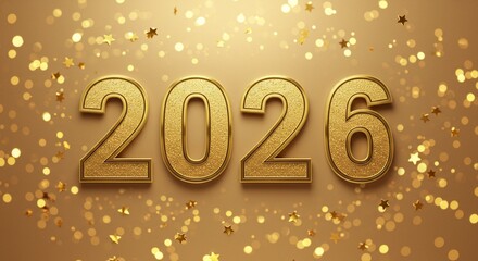 Golden 2026 celebration design with sparkling lights and stars for a festive new year countdown. Happy future event and party theme
