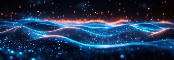 Obraz premium Abstract glowing waves of blue and orange digital particles creating a dynamic and futuristic landscape against a dark background
