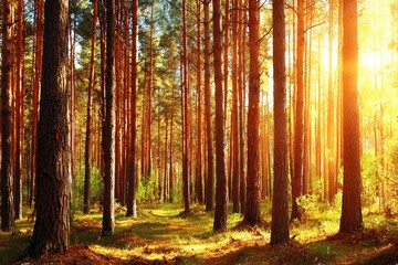 Obraz premium Golden Sunlight Through Pine Forest