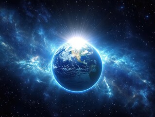 Obraz premium Bright glowing Earth seen from space with radiant sunlight emerging behind it and a breathtaking starry galaxy background