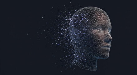 Digital human head with dispersion effect representing ai and technology