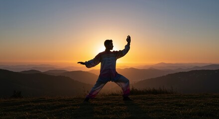 Fototapeta premium A Young Male Practicing Tai Chi at Sunrise on a Mountain Top, Silhouetted Against the Rising Sun with Hills in the Background