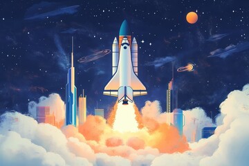 Space shuttle launching surrounded by smoke and flames with futuristic city skyline and starry night sky with planets and galaxies in background