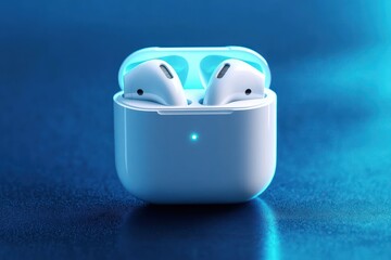Pair of white wireless earbuds resting inside an open charging case on a blue textured surface with soft lighting