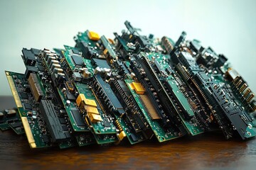 Close-up view of multiple stacked electronic circuit boards with various chips, connectors, and components on a wooden surface showing detailed technology elements