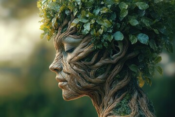 profile of a serene human face formed from intertwined tree roots and branches with lush green leaves as hair, symbolizing unity with nature