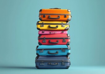 Stack of colorful vintage suitcases in orange, yellow, pink, red, blue, and navy against a plain blue background symbolizing travel and adventure