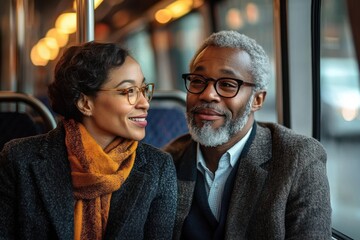 A mature couple with glasses warmly dressed in coats and scarf sitting closely together on a train looking at each other with smiles and affection