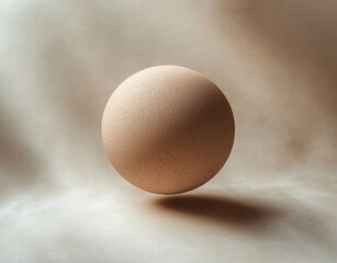 Close-up of a single brown egg balanced on a smooth neutral background with soft lighting and subtle shadows creating a calm atmosphere