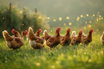 Group of brown chickens standing and walking on green grass field with sunlight and blurred background creating warm and peaceful atmosphere