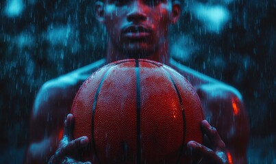 Close-up of a person holding a basketball tightly in the rain with water droplets falling, evoking determination and focus in a moody blue and red lighting