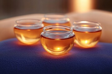Four small glass cups filled with amber tea placed closely on a soft purple surface with warm lighting creating a cozy atmosphere