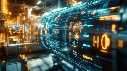 Futuristic industrial machine with glowing digital interface and holographic data displays in a high-tech environment