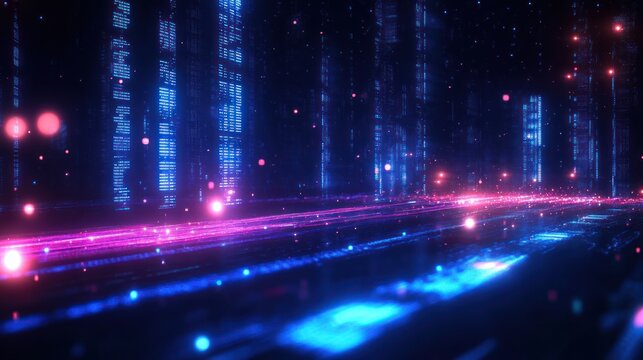 Futuristic digital cityscape with glowing neon blue and pink lights illuminating tall data-like structures and a reflective surface, creating a sense of advanced technology and depth