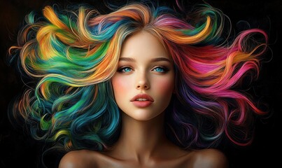Portrait of a young woman with striking blue eyes and vibrant, flowing multicolored hair against a dark background, expressing calm confidence and beauty