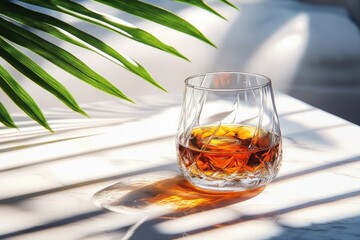 Crystal glass with amber liquid and ice casting warm shadows on a white marble surface with green palm leaves overhead in soft natural light