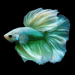 close-up of a vibrant green and white betta fish with flowing fins against a black background