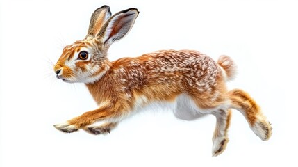 brown rabbit mid-jump isolated on white background showing detailed fur and alert expression