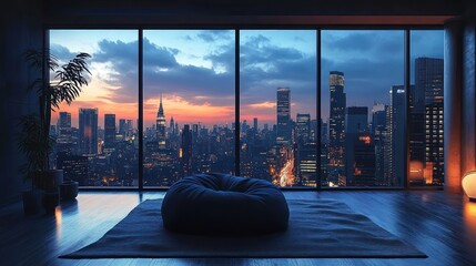 Modern room interior with large floor-to-ceiling windows showcasing a vibrant city skyline at sunset with illuminated skyscrapers and a cozy bean bag on a rug