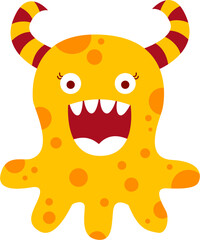 Cartoonish Yellow Monster with Horns and Spots, Smiling.