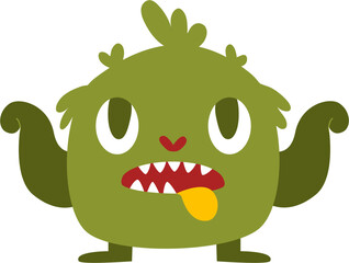 Cartoonish Green Monster with Tongue Out, Raised Arms, and Silly Expression