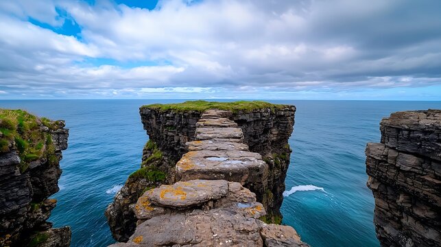 there is a man standing on the edge of a cliff overlooking the ocean