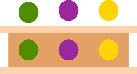 Simple Graphic: Shelf with Green, Purple, and Yellow Circles.