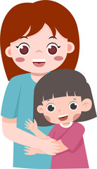 Warm Embrace: Cartoon Mother and Daughter Smiling Together, Colorful Illustration.