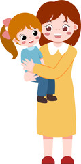 Cartoon Mother in Yellow Dress Holding Daughter with Ponytail.