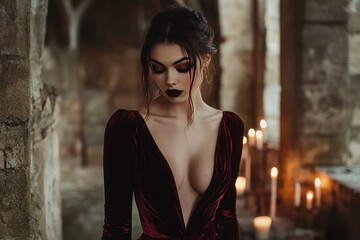 Fototapeta premium A vampire-inspired fashion shoot, a model in a deep crimson velvet dress, dark lipstick, standing in candle-lit ruins