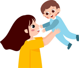 Mother playfully lifting her happy toddler in a cheerful, colorful illustration.