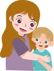 Mother Embracing Young Child, Cartoon Illustration, Family Love, Joyful Expression.