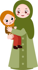 Smiling Woman in Hijab Holding a Child, Cartoon Style Illustration.