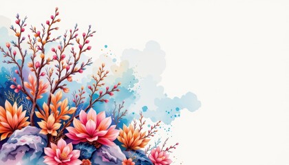 Vibrant Watercolor Floral Design Featuring Lotus Flowers and Colorful Leaves Against a Soft Background