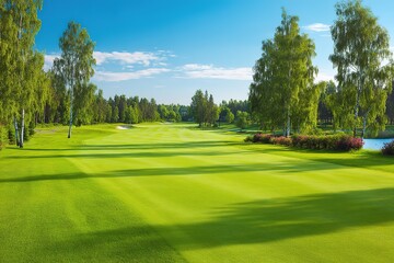 Sunny Golf Course Landscape With Lush Green Grass