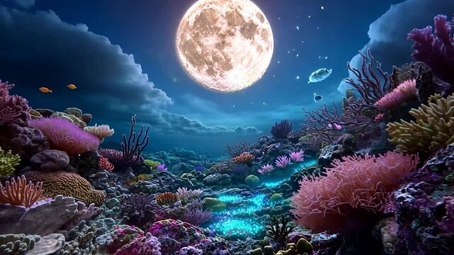 Underwater fantasy scene featuring a luminous full moon coral reefs and vibrant marine life. Soft lighting highlights the detailed environment.