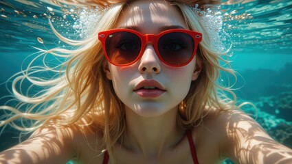 Young Woman with Blonde Hair Swimming Underwater in Clear Blue Water Wearing Sunglasses