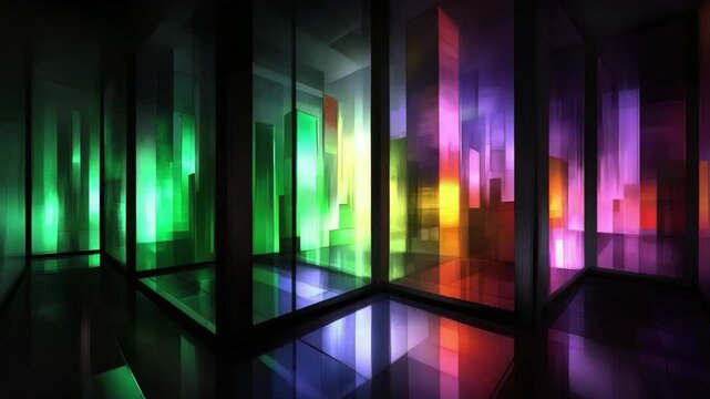 Colorful Abstract Glass Structures with Bright Light Reflection in Dark Environment