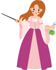 Cartoon sorceress with wand and potion, pink and purple robes, fantasy character.