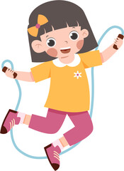 Happy Girl Jumping Rope: Cartoon Illustration of Joyful Childhood Activity Indonesian Traditional Games