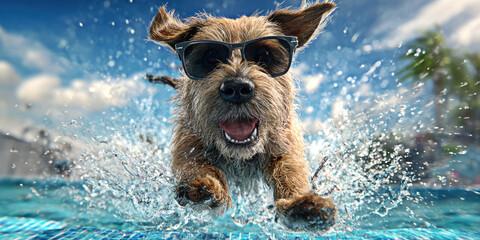 A joyful dog leaps into a pool, sporting stylish sunglasses.