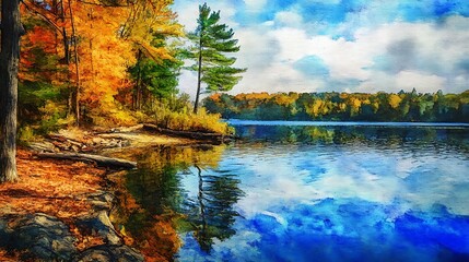 Obraz premium Serene Autumn Lake with Colorful Trees and Reflective Water