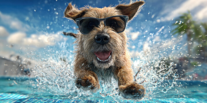 A joyful dog leaps into a pool, sporting stylish sunglasses.