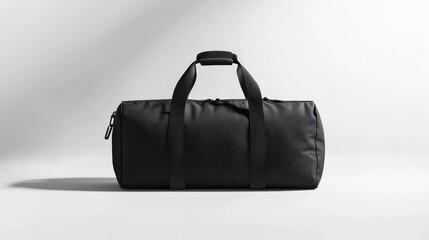 Black duffel bag on white backdrop